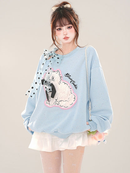 White/Blue Cute Kitty Applique Cutout Shoulder Sweatshirt Self-tie Ribbon