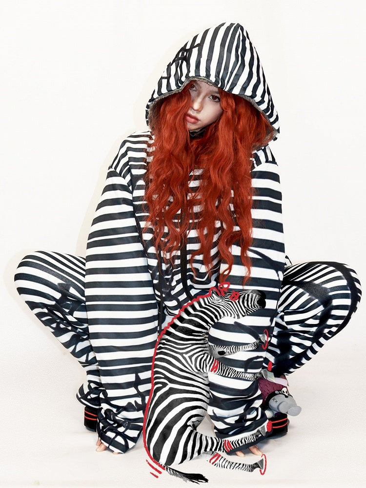 Hoodie Oversized Gyaru BlackWhite Pattern Fashion Zip Striped Closure
