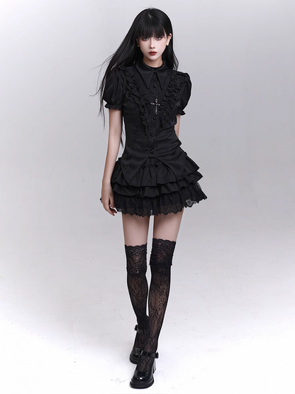 Bloomers Black Elastic Waist Lace Trim Mini Tiered Skirt Lining