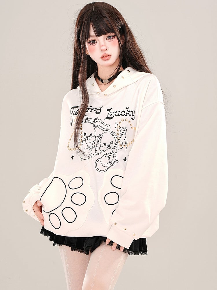 White/Grey Devil Bunnies Print Studs Loose Hoodie