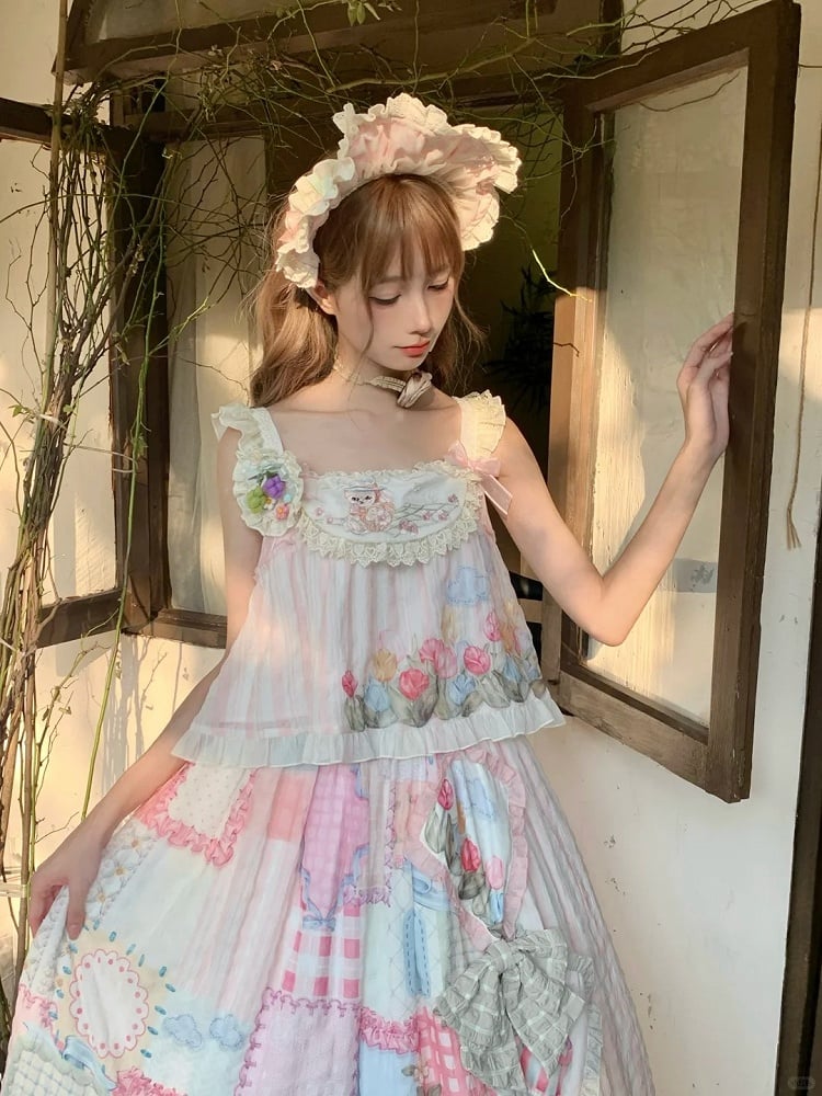 Haut tulipe rose clair brodé lapin