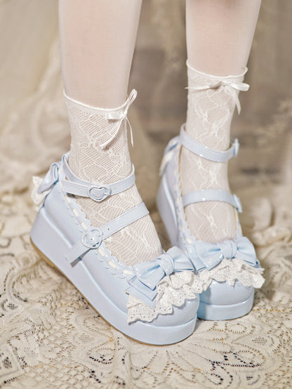 Blue Trim Baby Buckles Platforms at Heart Lace Top Bow