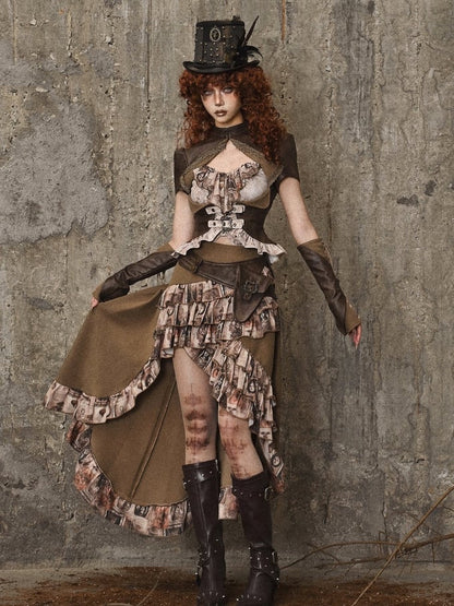 Brown Steampunk Retro Oil Ruffle Trim High-low Skirt