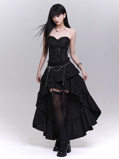 Black Cascading Flounce Trim High-low Skirt