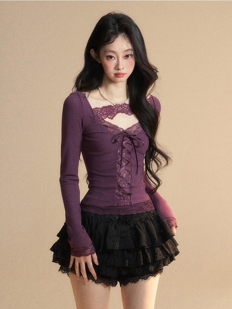 Glamorous Top with Lace-up Purple V-Neck Contrast Lace Patches Detail Front at