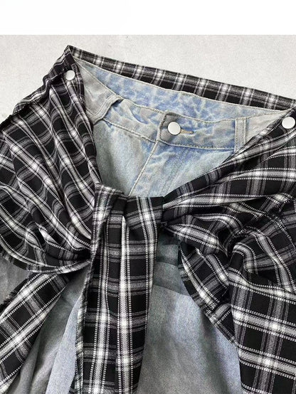 Wide-leg With Blue Bittersweet Jeans BlackWhite Plaid Pattern Accessory Cut Detachable