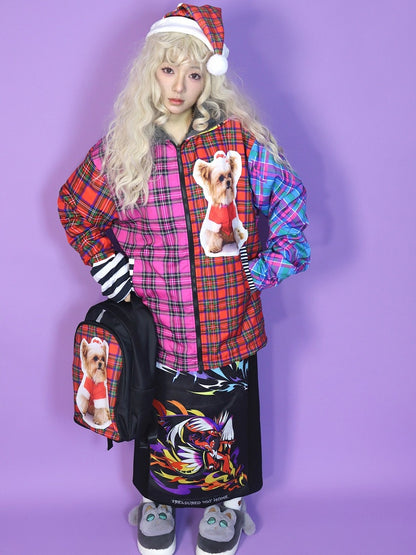 Weihnachts-Y2K-Farbenfrohe Oversize-Kapuzenjacke mit Fleecefutter, Karomuster und Welpen-Print