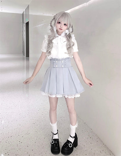 Accents Trim Jirai Light Blue Box Pleat Skirt Lace Ruffled Rhinestone Kei