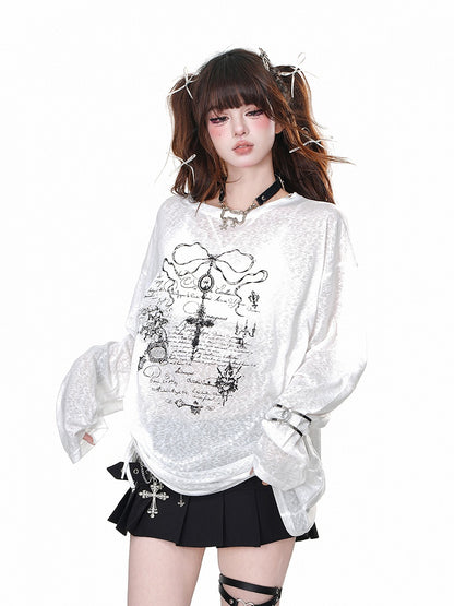 Black/White Semi-sheer Cross Print Drawstring Waist Loose Sweatshirt