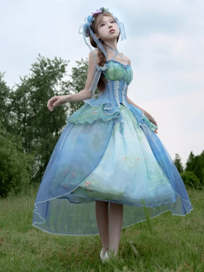 Tiered Flounce Hem Halter Boned Corset Top Print Sky Painting Fairy Oil Blue