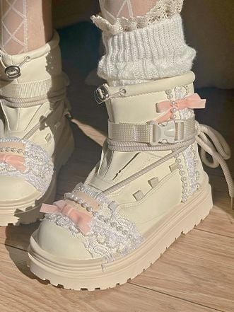 Beige Bow at Top Lace Beaded Chain Ankle Boots