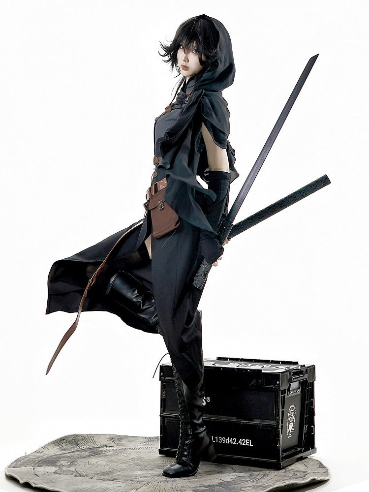 Shawl Gray Dress Sleeves Thigh-high Sleeveless Belt Slit Black Shorts + and Hood
