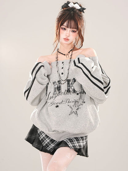 Grey Letter Patch Embroidery Off-the-shoulder Neckline Sweatshirt