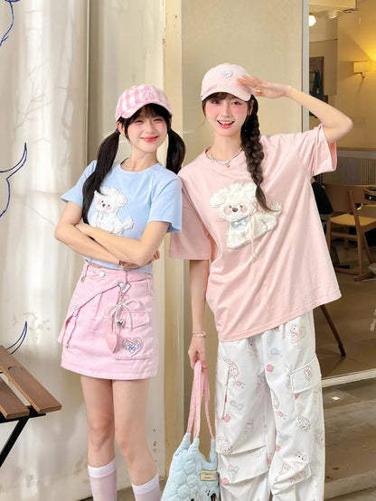Kawaii Blue/Pink Plush Puppy Applique T-Shirt Yume