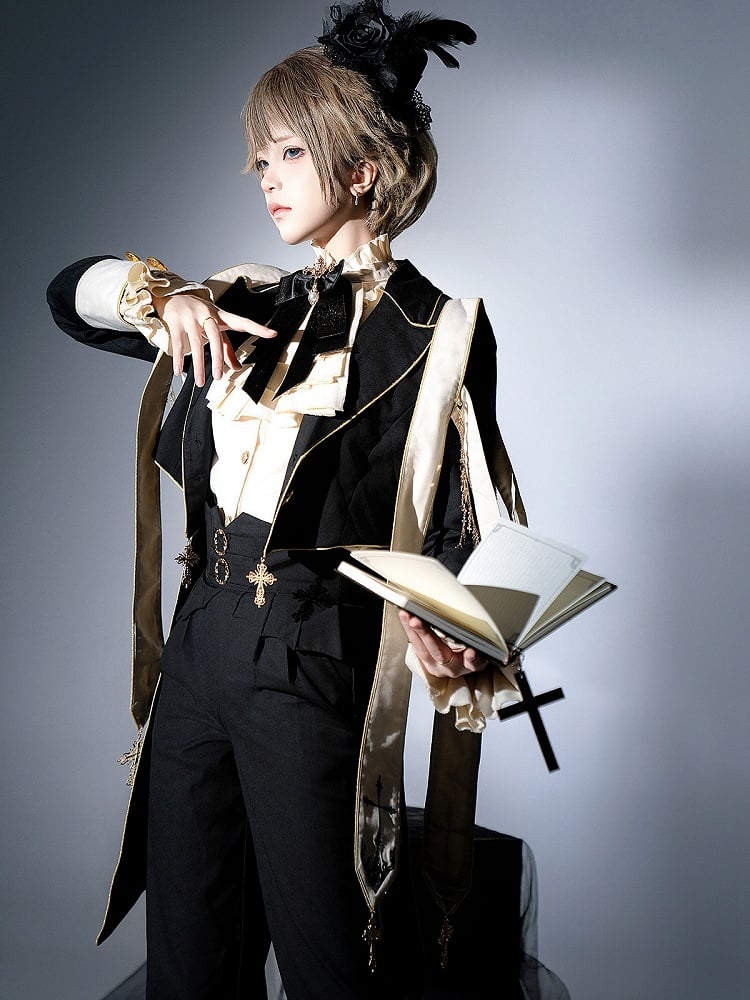Ensemble complet style Prince Ouji Lolita : chemise à manches longues + manteau à col blazer + pantalon taille haute