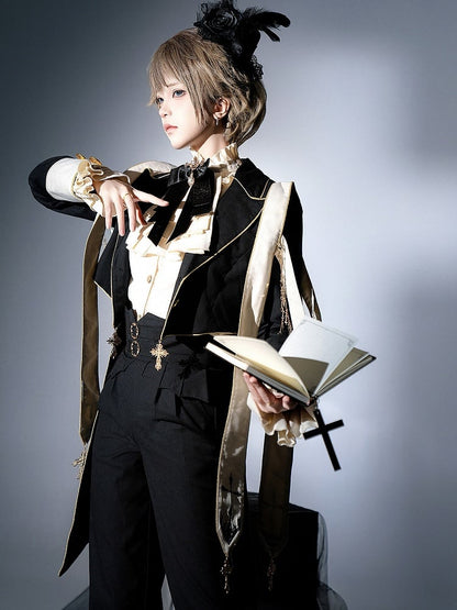 Ensemble complet style Prince Ouji Lolita : chemise à manches longues + manteau à col blazer + pantalon taille haute