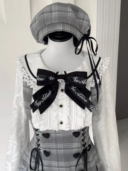 Jirai Kei Grey Set Peter Pan Collar High Waist Box Pleat Skirt Plaid Dress + Ruffle Trim Cuffs Shorts