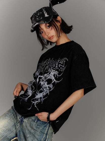 Black/White Faded Wash Cotton T-Shirt Distressed Punk Print Vintage