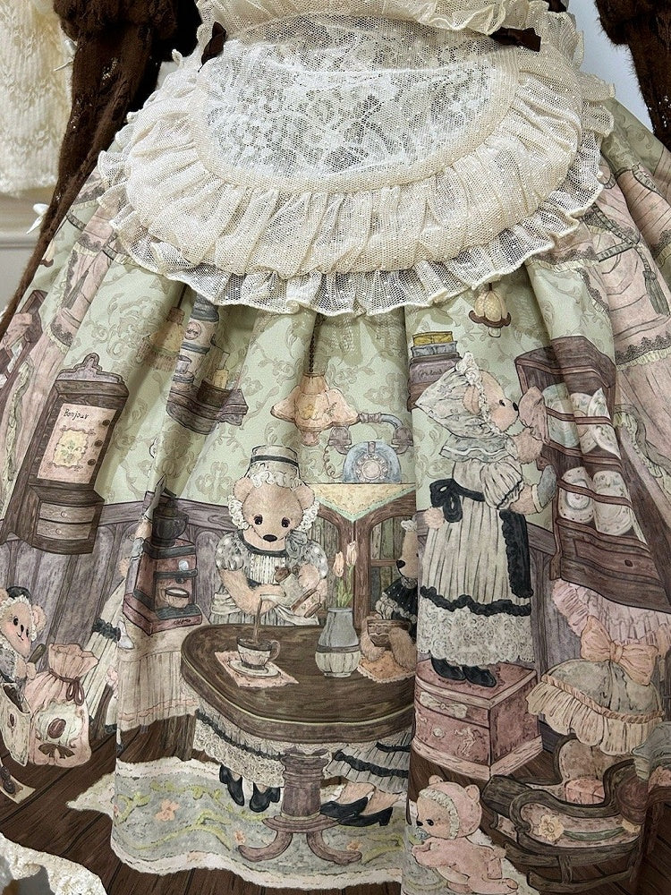 Lolita Little Bear Coffee House Sweet Skirt Green Jumper Print
