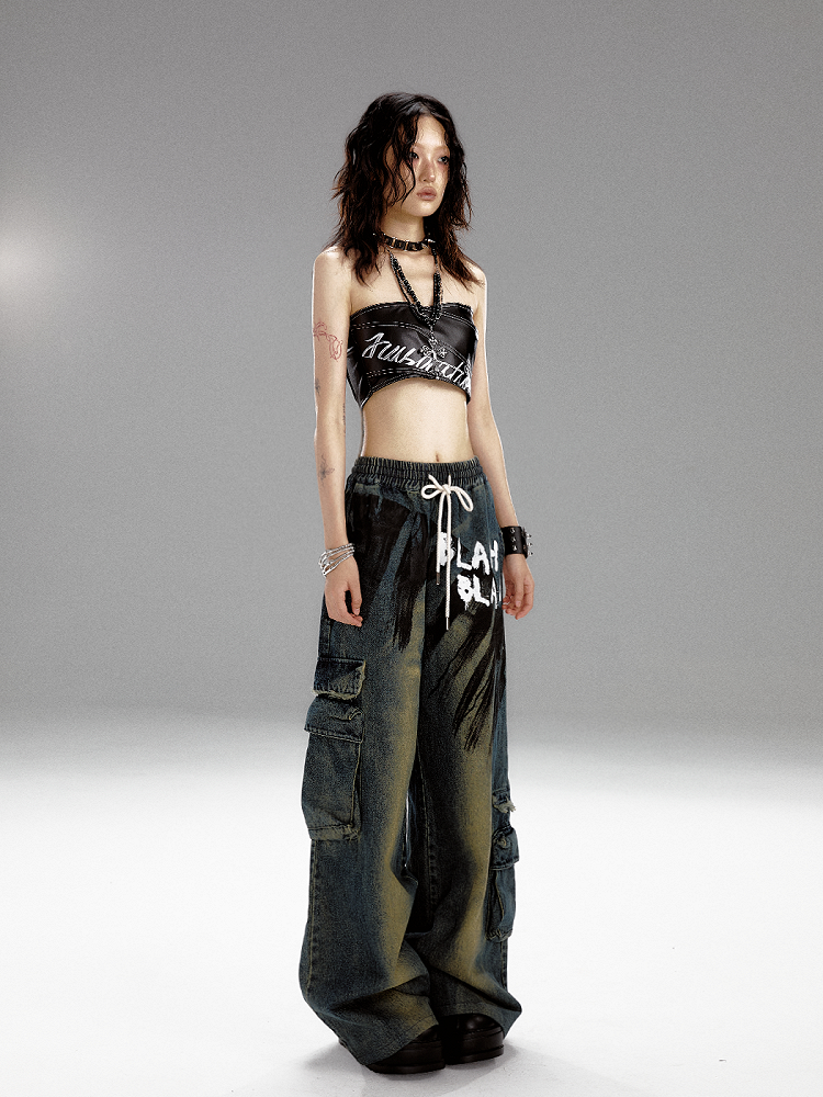 Corset Black With Graffiti Back PU Studs Zipper Print