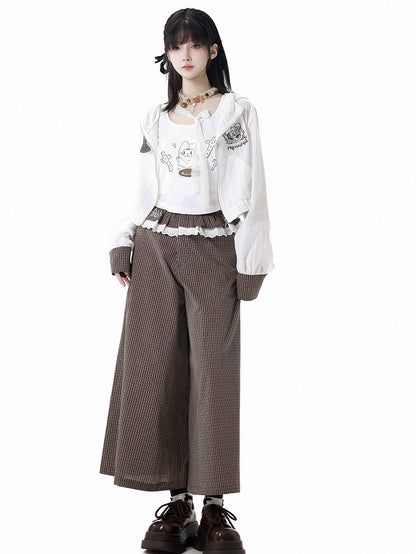 Ruffled Lace Trim Waist Wide-Leg Pants Brown Plaid