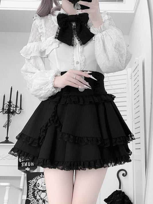 Illusion Neckline Blouse with Bead Details and Rhinestone Buttons Jirai Kei White