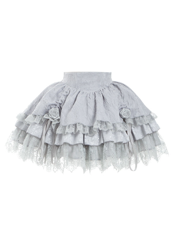 Silver Gray Drawstring Detail Gothic Lolita Layered Skirt