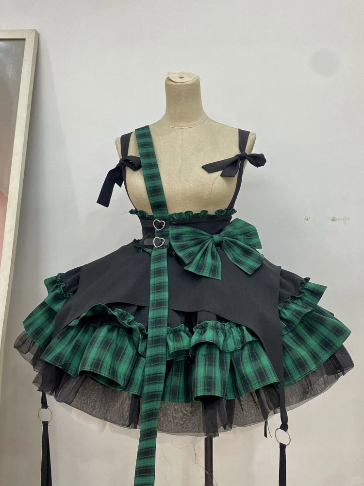 Black and Green Plaid Pattern Punk Idol Skirt with Straps