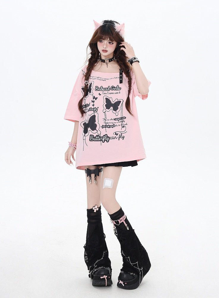 Asymmetrical Neckline Butterfly Print Heart Buckle Black/Pink T-Shirt Loose