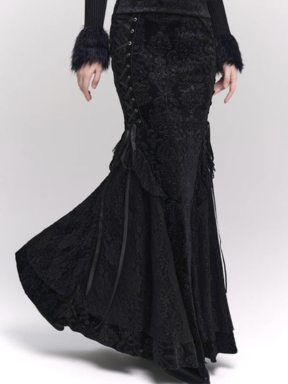 Black Velvet Mermaid Skirt with Lace-up Detail at Side