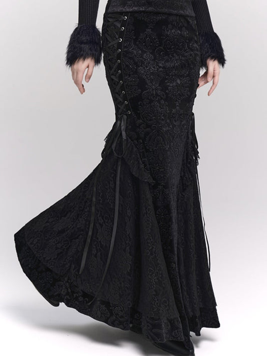 Black Velvet Mermaid Skirt with Lace-up Detail at Side