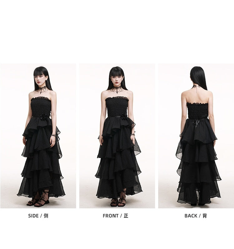 Waist Mesh Black High Prom Gown Dress Tiered Skirt
