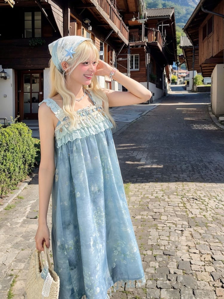 Dye Tie Charm Blue Sleeveless Dress Ruffles Bohemian Tassel Hem Shell Tiered