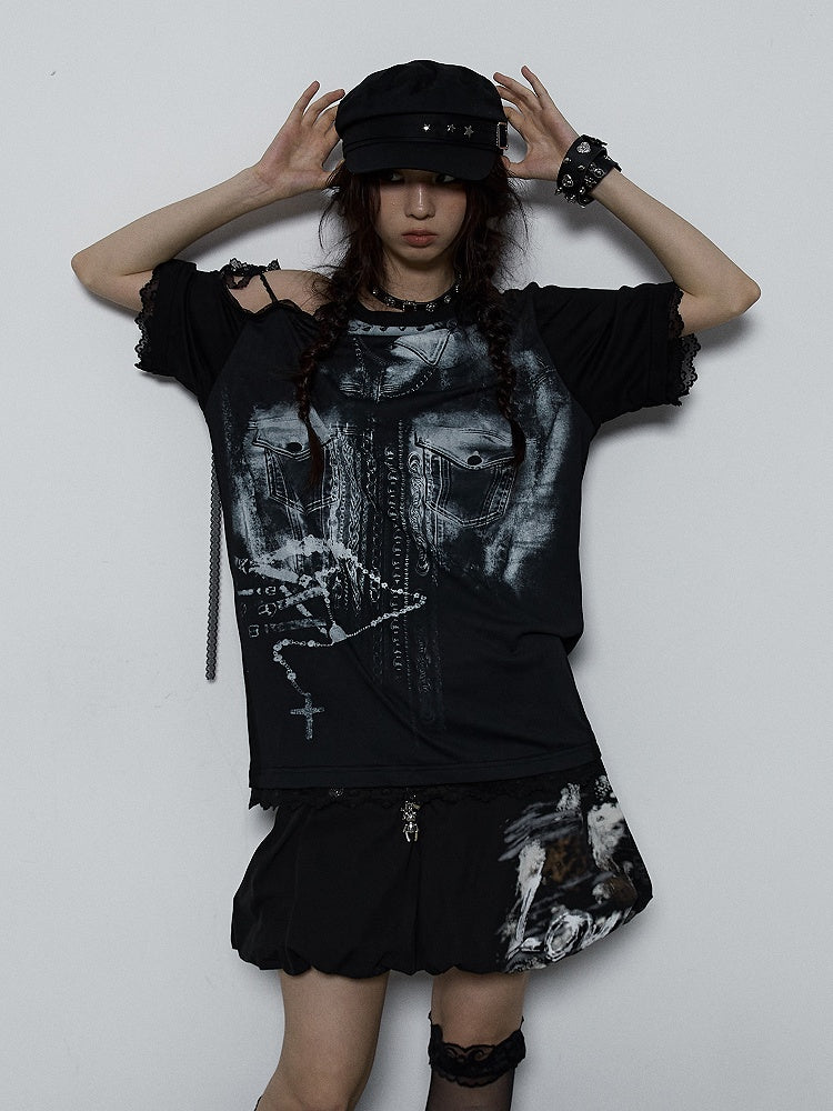 Lace-Trimmed Print White Shoulder Detail Lace-Up with Denim Punk Black T-shirt