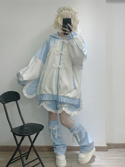 Tenshi Kaiwai Blue&nbsp;Jirai Kei Ruffled Trim Knot Button Shorts
