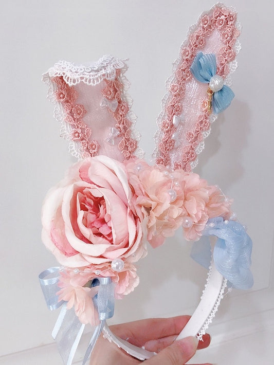 Designdetails: Ohren, süß, KC, verziert mit Blumen, Perlen, Lolita, blau-rosa, Hase, Schleife