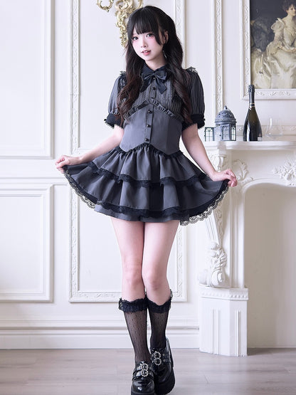 Shorts Gray and Faux Lace-Trimmed Two-Piece Style Jirai Striped Layered Dress Outfit: Kei