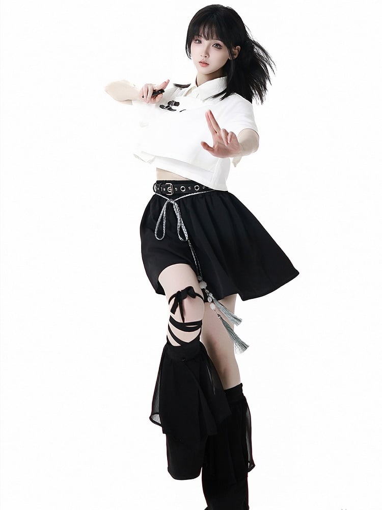 Belt Black Cheongsam Tassel Style Shorts with Buckle Belt and