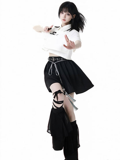 Belt Black Cheongsam Tassel Style Shorts with Buckle Belt and