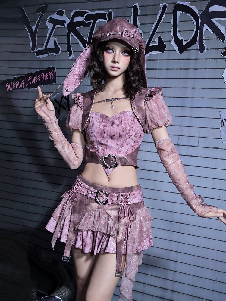 Hem Mini Pink Skirt Denim Belt Asymmetric Sequined Heart with Y2K Buckle Punk