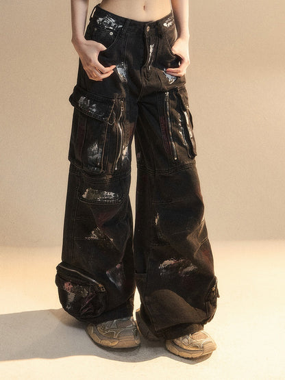 Zipper Details Spray Black Pockets Cargo Print Distressed Paint Wide-Leg Jeans