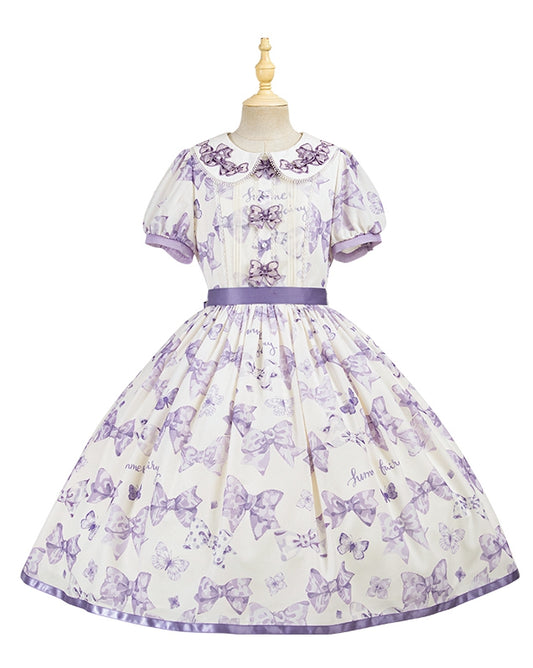 Robe Lolita violette à col Peter Pan et nœud papillon, une pièce