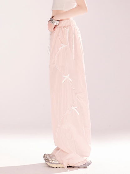 Details Wide-leg Casual Pants Pink Drawstring Waist and Cuffs Bowknot