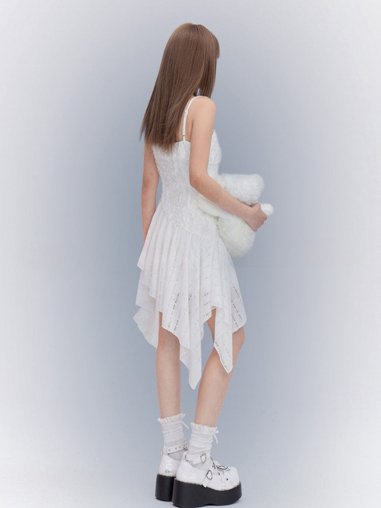 White Asymmetrical Waistline Handkerchief Hem Spaghetti Strap Dress