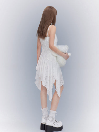 White Asymmetrical Waistline Handkerchief Hem Spaghetti Strap Dress