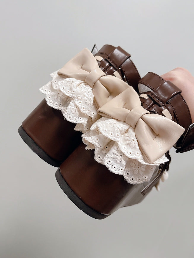 Lace Buckles Chocolate at Trim Heart Bow Top Platforms Brown