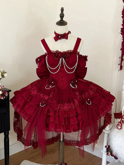 Waist Flower Basque Hem Fairy Skirt Dress Jumper Tiered Red Lolita Hanayome