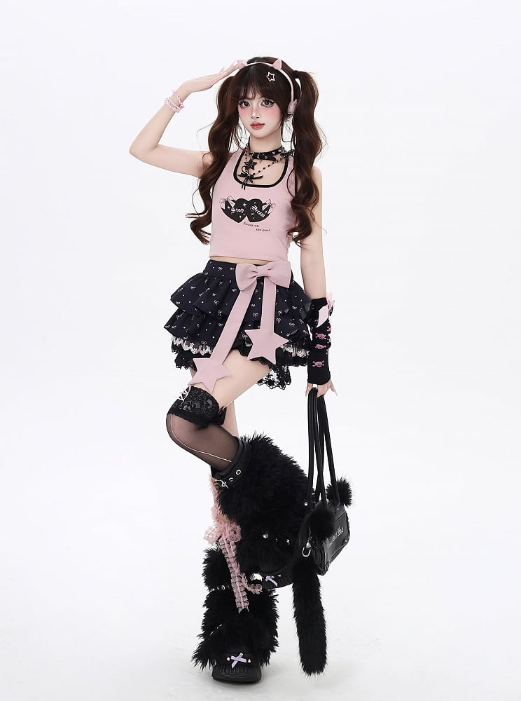 Allover Bowknot Print Schleife Spitze Rosa Große Schwarze Gefütterte Stufenrockbesatz