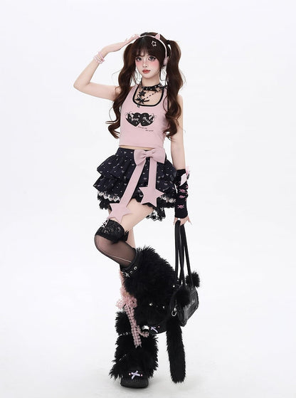 Allover Bowknot Print Schleife Spitze Rosa Große Schwarze Gefütterte Stufenrockbesatz