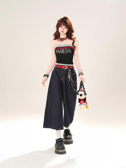 Navy Blue/Black Letter Print Cropped Strapless Top